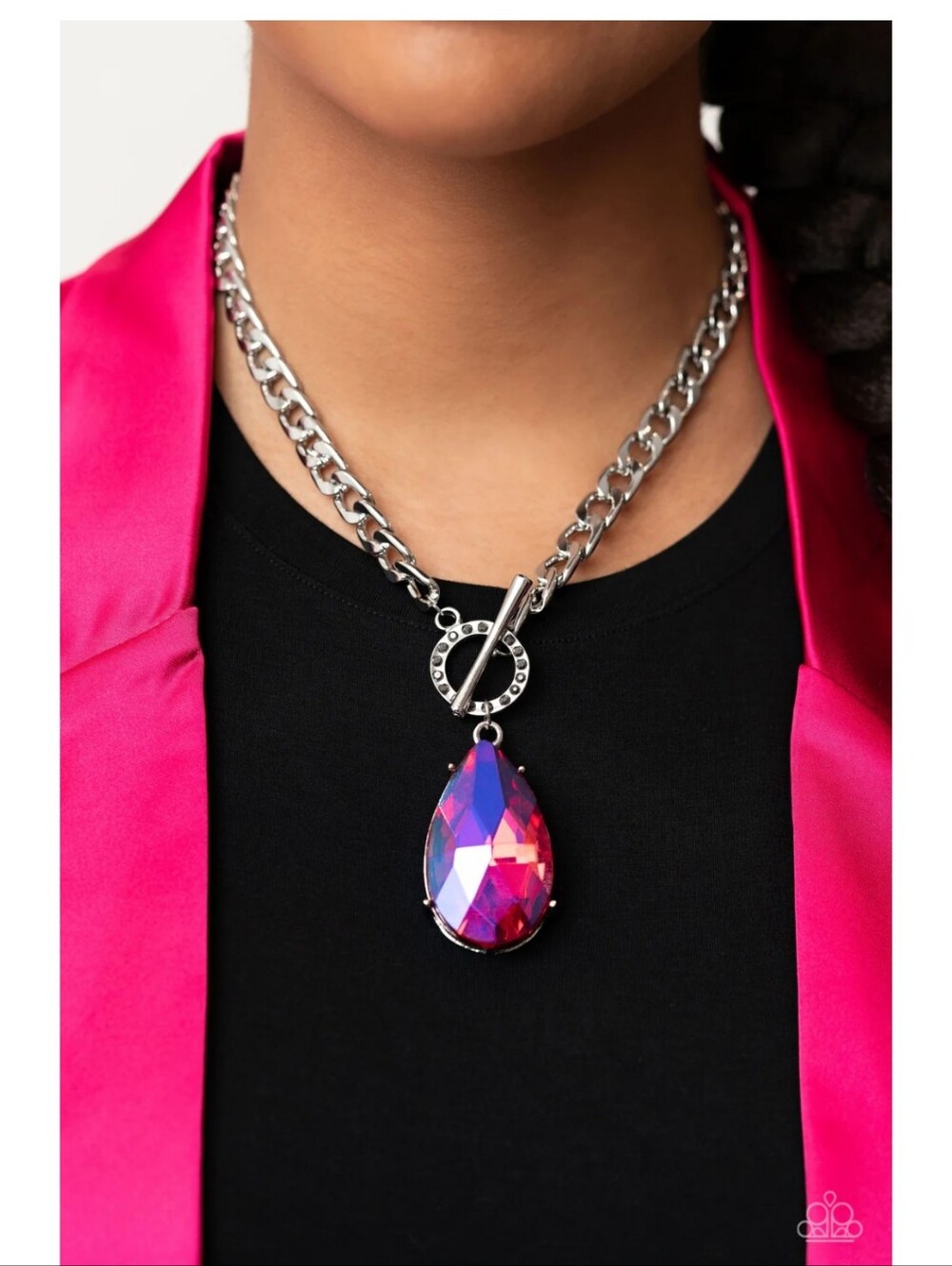 Edgy Exaggeration Necklace with Pink UV Shimmer Teardrop Pendant - Picture 3 of 6